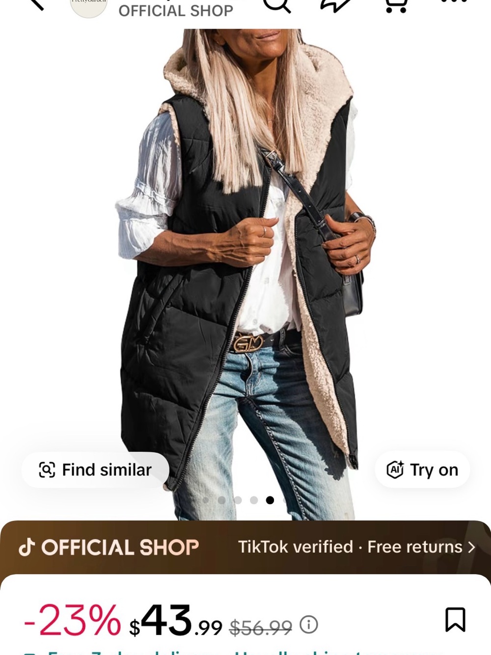 Black Sleeveless Puffer Vest with Cream Sherpa Lining